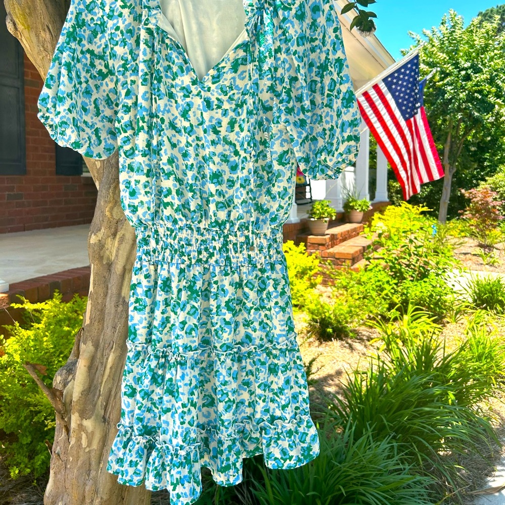 Entro small dress, smocked waist, ruffle, tier skirt lined short sleeve mini